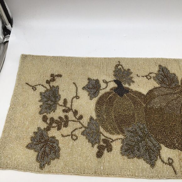 PIER 1 IMPORTS Beaded Table Runner Fall Autumn Thanksgiving 35”x13” Pumpkin Leaf - Picture 2 of 11